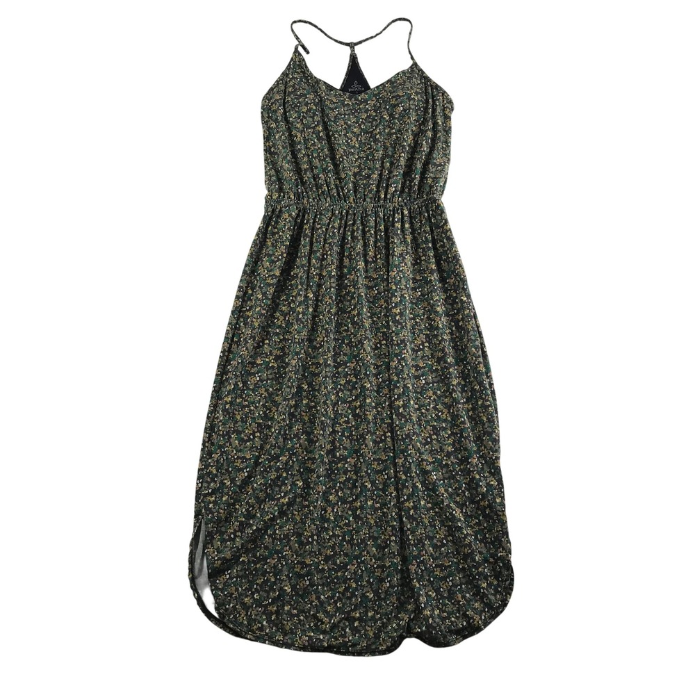 Prana Quinn Dress Floral Racerback Midi Built-in Bra Grey Green Small